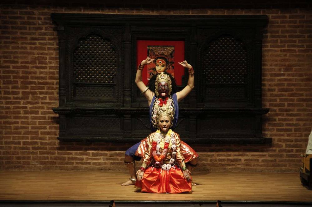 Masked classical dancers performing the Mahakali dance